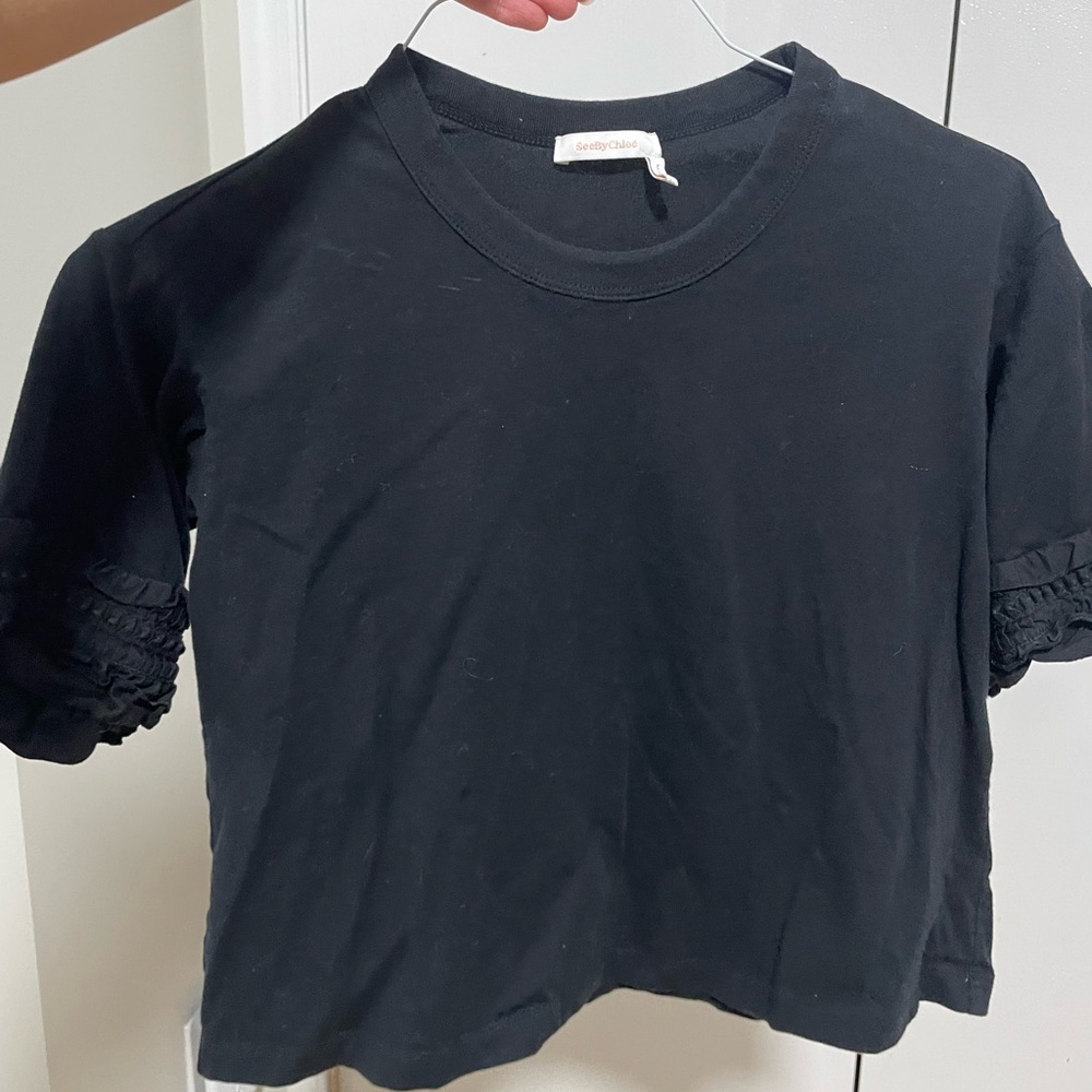 Black Cropped Top with Ruffled Sleeves